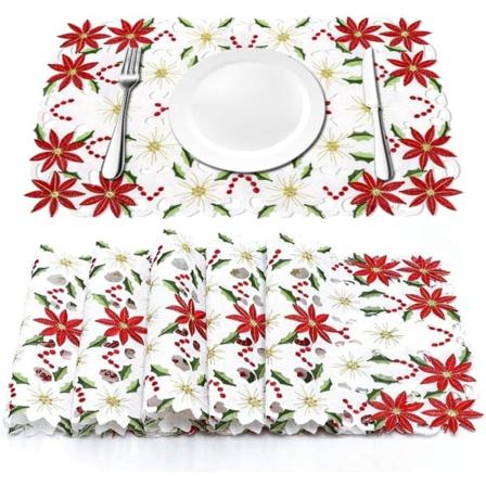 6 stk. Juleferiepladeunderlag, broderede julestjerne julebordspladeunderlag til julemiddag julebordsdekorationer 12 × 18 tommer
