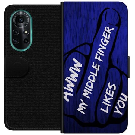 Kompatibelt Lommeboketui til Huawei nova 8 Pro Mørk typografisk illustrasjon med hjerteform og budskap om vennskap mot dyp blå tretekstur