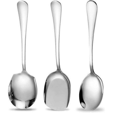 3 stk. serveringsskeer i rustfrit stål til buffet, lange suppeskeer, madlavningsske, køkkenredskab til servering i køkken, madlavning, restaurant, 