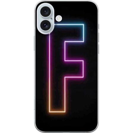 Yhteensopiva Puhelinkuori Apple Apple iPhone 16 Plus Neonkirjain F vaaleanpunaisella, sinisellä ja keltaisella valokehyksillä tummaa taustaa vasten,