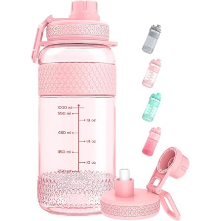 Motiverende vandflaske med sugerør, 1L/2L sportsvandflaske med tidsmarkør, BPA-fri, lækagesikker, holdbar (Pink)