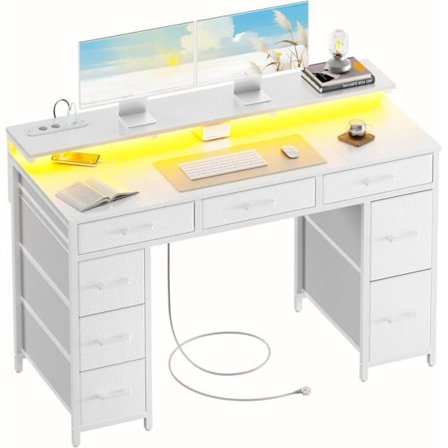 HLONONE Toimisto, jossa on 8 kangaslaatikkoa, 120 × 50 cm LED-pelitoimisto, jossa on pistorasioita ja USB-portteja, pelitoimisto, valkoinen