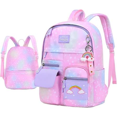 Ryggsäck för flickor Barn Skolväska Barn Bokväska Dam Casual Dagsäck för resor med flaska sidofickor Star Pink Large