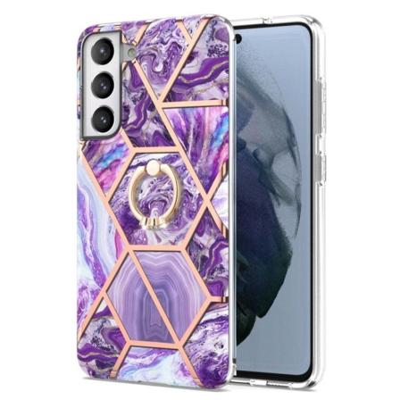 Marble Patterned Suojakuori With Ring Holder For Samsung Galaxy S21 FE - Tumma Violetti Purple