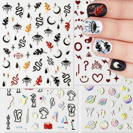 Negleklistremerker Nye 5D Stereoskopiske Preget Selvklebende Negledekorasjoner, Onde Øyne & Slange & Abstrakte Ansikter Hjerter Negleklistremerker (4 