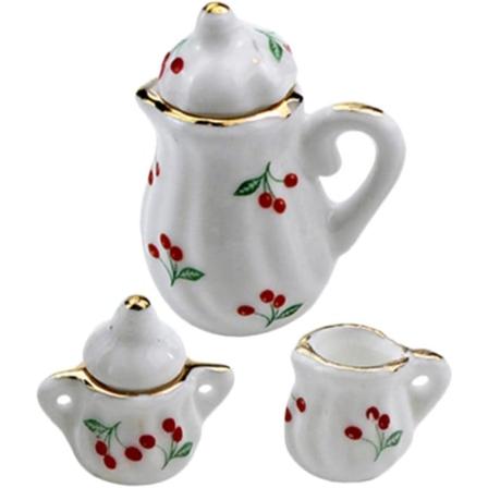 2 sæt kirsebær keramiske potte dukkehus møbler miniature tekande spise service porcelæn te kop kedel fe hus tilbehør mini kopper