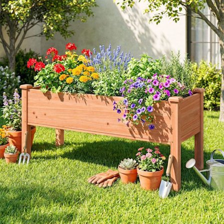 Utomhusplanteringslåda med spaljé COSTWAY, 5 dräneringshål, upphöjd planteringslåda i gran, upp till 100 KG, orange