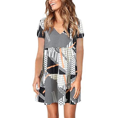 Kvinnor V-ringad Sommar Sexig Klänning Kortärmad Layered Print Pocke