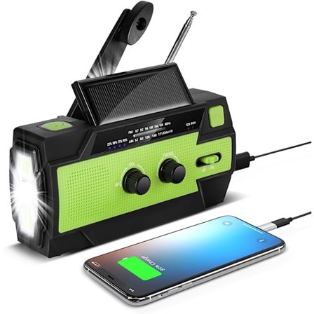 Solar Crank Radio Bärbar uppladdningsbar radio med AM/FM/WB Inbyggt 4000mAh uppladdningsbart batteri 4 lägen LED-ficklampa SOS Alarm, Grön