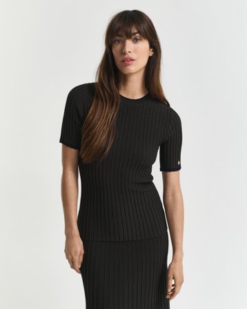 GANT Damen Gerippter Kurzarmpullover mit Kontrasten (M) Grün