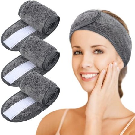 Mikrofiber Spa Hårband Kvinnor Makeup Hår Tvättbart Ansiktsband Wrap Hårband med Magiskt Tejp för Makeup Bad, Makeup och Sport Mörkgrå - 3 Pack