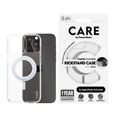CARE by Panzer Feature Case Transparent w. Silver Kickstand & MagSafe iPhone 15 Pro Max PanzerGlass - High quality tempered glass screen protector