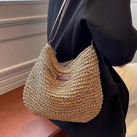 Axelremsväska i halm för kvinnor, sommarväska i halm för kvinnor, strandsemester, stilren avslappnad virkad väska med dragkedja