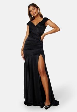 Goddiva Satin Bardot Pleat Maxi With Split XXL (UK18) Black Vaatteet Dam