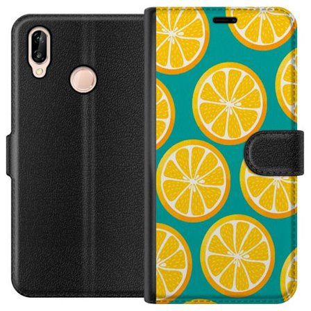 Kompatibel Tegnebogsetui til Huawei P20 lite Grafisk mønster med gule citronskiver på turkis baggrund i moderne design