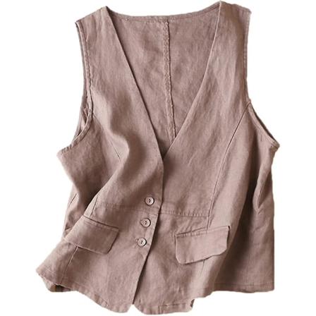 Kvinnors bomullslinneväst, casual lös V-ringad ärmlös väst jacka Khaki S