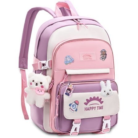 Skolesekker for jenter, 20 liter ryggsekk for jenter med anheng for alderen 8-12, lett og vanntett Kawaii nylon skolesekk for jenter
