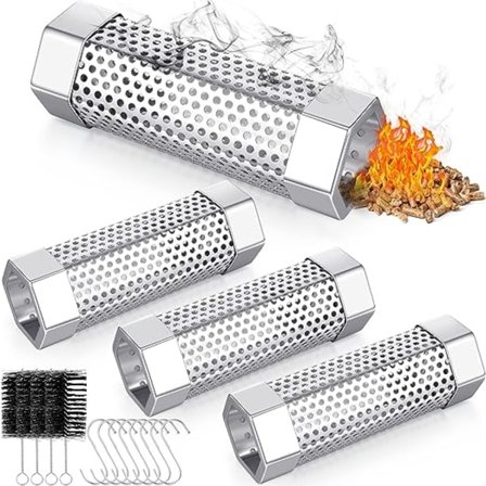4 stk. Pellet Smoker Tube 6 Tommer Rustfrit Stål Perforeret BBQ Træ Pellet Tube Smoker med 8 Kroge og 4 Børster til Kold/varm Rygning Ost, Svinekød,
