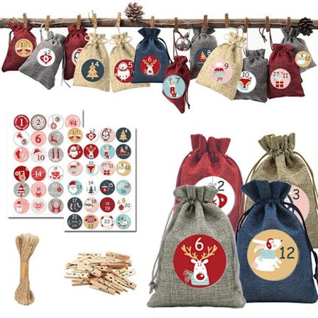 Fyll-din-egen adventskalender set: Återanvändbara jutepåsar + tyg