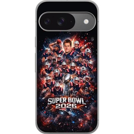 Yhteensopiva Puhelinkuori Google Pixel 9 Super Bowl 2026 juliste, jossa New England Patriots ja NFL-mestaruuspalkinto räjähtävän urheilullisessa suunn