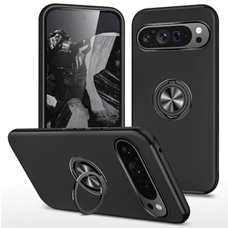 Til Google Pixel 9 Pro XL Fingerring Kickstand Hybrid Taske - Sort