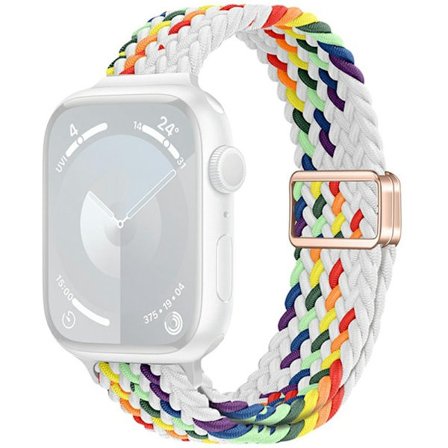 KALEBOL Flätat klockarmband Apple Watch Series 10 42mm Elastiskt nylonarmband - Vit Regnbåge