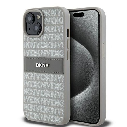 DKNY læderetui med monostribe og metallogo til iPhone 15 / 14 / 13 - beige