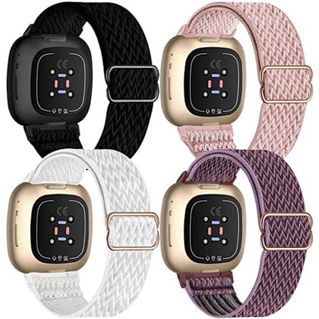 4-delt elastisk nylonstropp kompatibel med Fitbit versa 3 / Fitbit sense, justerbar elastisk stoff sportsreim for smartklokke (Svart/Rosa/Hvit/