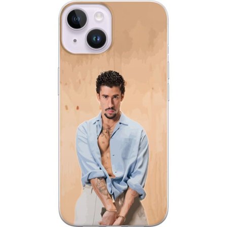 Yhteensopiva Puhelinkuori Apple iPhone 15 Plus Bad Bunny Super Bowl-inspiroima grafiikka, jossa NFL-trofe ja San Franciscon silta urheilusuunnitteluss