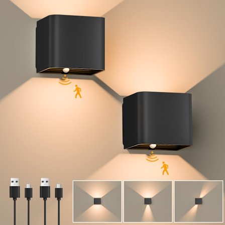 Vägglampa för inomhusbruk, 2-pack, Vägglampa med rörelsesensor, Uppladdningsbar LED, 3000K Varmvitt ljus, Trådlös, Justerbar ljusvinkel (Svart)