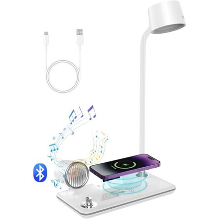 LED Skrivebordslampe med Trådløs Opladning, Bluetooth & Ur – Dæmpbar Natlampe Bordlampe med Touch_TF_TF