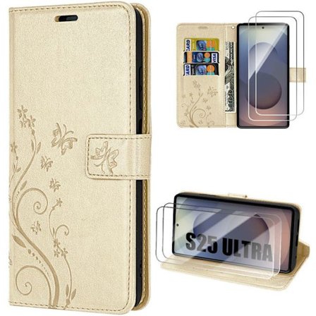 Cover for Samsung Galaxy S25 Ultra - BOOLING - Synthetic Leather Golden Butterfly Flowers Pattern - 2 Tempered Glasses