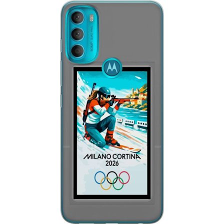 Yhteensopiva Puhelinkuori Motorola Moto G71 5G Retrojuliste Cortina Milano 2026 vuorilla, talviurheilijoilla, italiankoloreilla, Milanon tuomiokirkoll