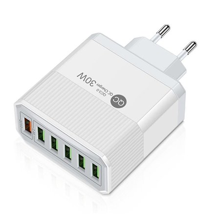 6 porter USB-lader 30W hurtiglading lader mobiltelefonladere EU-plugg hvit