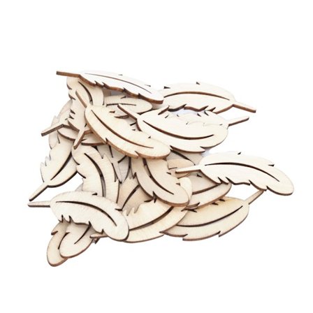 25 stk. treskiver i søt fjærform uferdige brikker i tre for dekorasjon