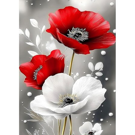 Diamond Art Malersæt til Voksne, Poppy Diamond Art Sæt til Voksne, DIY Diamond Art Malersæt Rød og Hvid Valmue, Diamond Art Malersæt