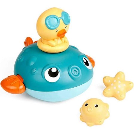 Badelegetøj til børn Elektrisk vandspreder Badekar Pool Fontæne Legetøj Pumpe Sprinkler Squirt Legetøj med 3 Brusehoveder til Småbørn (Fugu-Blå)