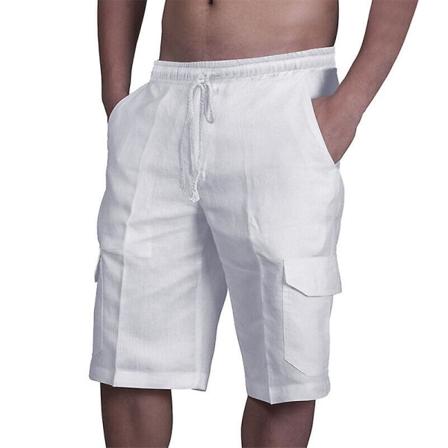 Herr Linne Bomullsblandning Cargo Shorts Dragsko Elastisk Midja Halvbyxor-3 White L