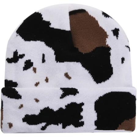 Kuhprint Beanie-luer for kvinner og menn, varm strikket lue med dyreprint, Y2K-lue, 2 lag, vinterleopardprint, skallelue
