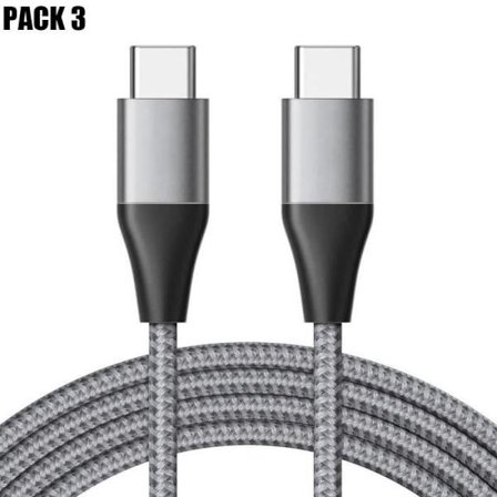 Lot-3 USB-C till USB-C-kabel för iPhone 16, iPhone 16e, iPhone 16 Pro, iPhone 16 Pro Max - Nylonflätad 1M Grå