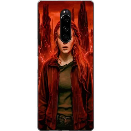 Kompatibelt Mobilskal till Sony Sony Xperia 1 Porträtt av en ung kvinna med rött hår i en apokalyptisk landskap, röda blixtar och mörka klippform