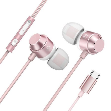Type-C USB-C In-Ear Hörlurar Headset Hörlurar Öronproppar Med Trådkontrollerad Mikrofon (Fri Storlek, Rosa)