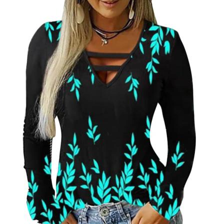 Kvinnor Print V-hals Tröja Långärmad Ihålig T-shirt