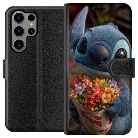 Kompatibelt Plånboksfodral till Samsung Samsung Galaxy S23 Ultra Söt blå figur med stora ögon som håller färgglad blombukett i varm och gullig s