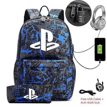 2 stk./parti PS4 Playstation Lærredsrygsæk med penalhus Skoletaske USB-opladning Skoletaske Laptop Sports Mochila Escolar