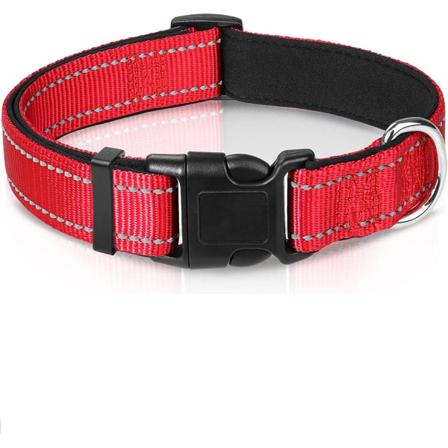 Reflekterende hundehalsbånd, blød neoprenpude, åndbar kæledyrshalsbånd i nylon, Justerbar, Passer til store hunde, rød, L