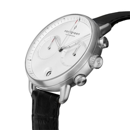 Nordgreen Men's Minimalistist Large Wrist Watch Watch - Silver Case - White Dial - Black Croc Leather Watch Strap Pioneer White Dial Chronograph