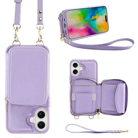 För iPhone 16 Plus Skal RFID-blockerande Plånbok med Dragkedja Läder Telefonskydd med Remmar - Roséguld