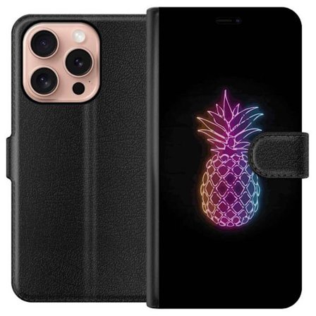 Kompatibelt Plånboksfodral till Apple Apple iPhone 16 Pro Neonillustration av ananas i färgglatt ljus mot svart bakgrund