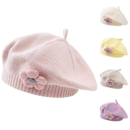 Taaperoikäisten tyttöjen yksivärinen talvinen ranskalainen baretti kukkakoristeella, neulottu villa taiteilijan hattu